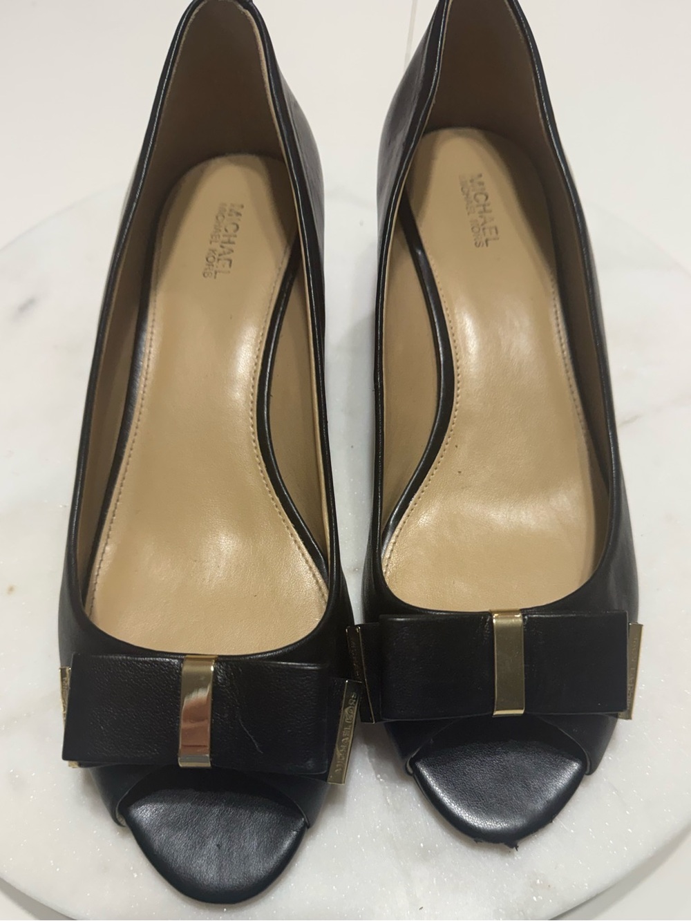 MICHAEL Michael Kors Black Leather Peep-Wedges Flats with Bow